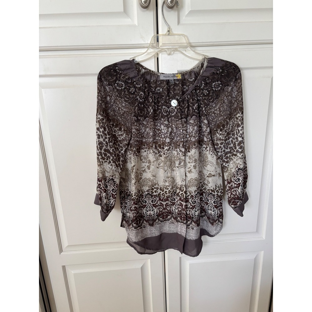 Figueroa & Flower Womens PS Brown Mixed Print Floral Leopard 3/4 Sleeve Blouse